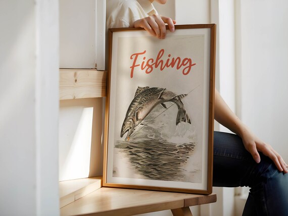 Fishing Retro Trout Illustration Vintage Fisherman Cabin Decor Poster