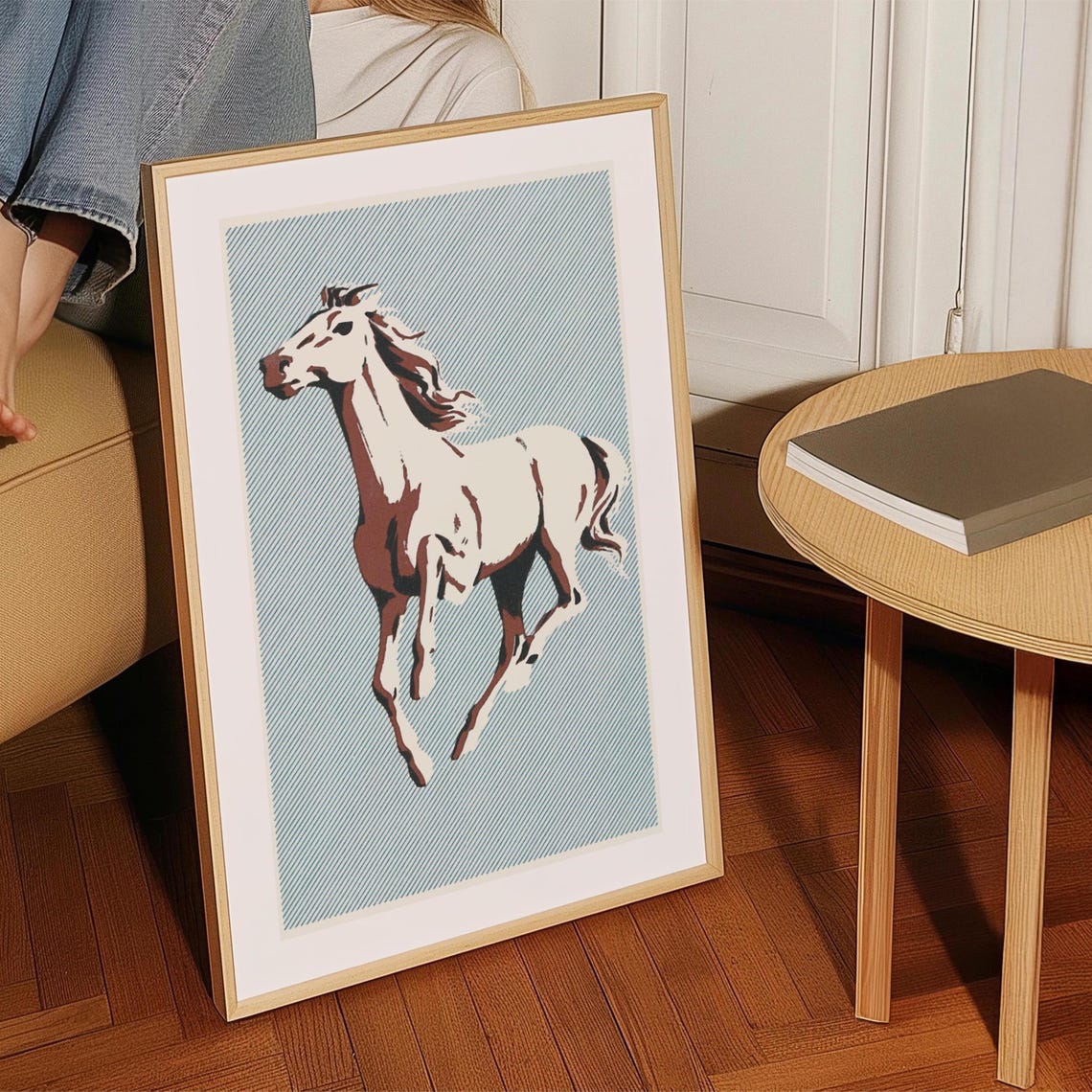 Running Horse Retro Equestrian White Stallion Blue Print Poster - Image 4