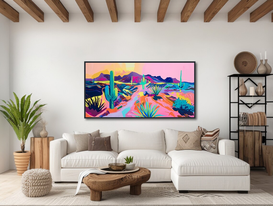 Fauvist Desert Sunset Painting Teal Saguaro Pink Mountains Wall Poster - Image 3