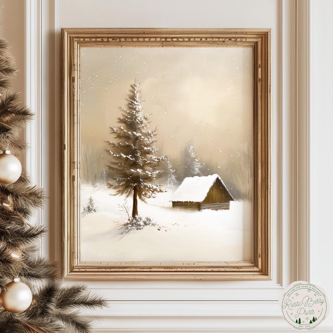 Snowy Cabin Evergreen Tree Misty Winter Morning Landscape Art Print