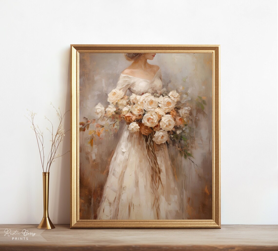 Bride Oil Painting Wall Art Elegant Woman In Dress Autumn Flower Bouquet Vintage Style Art Instant