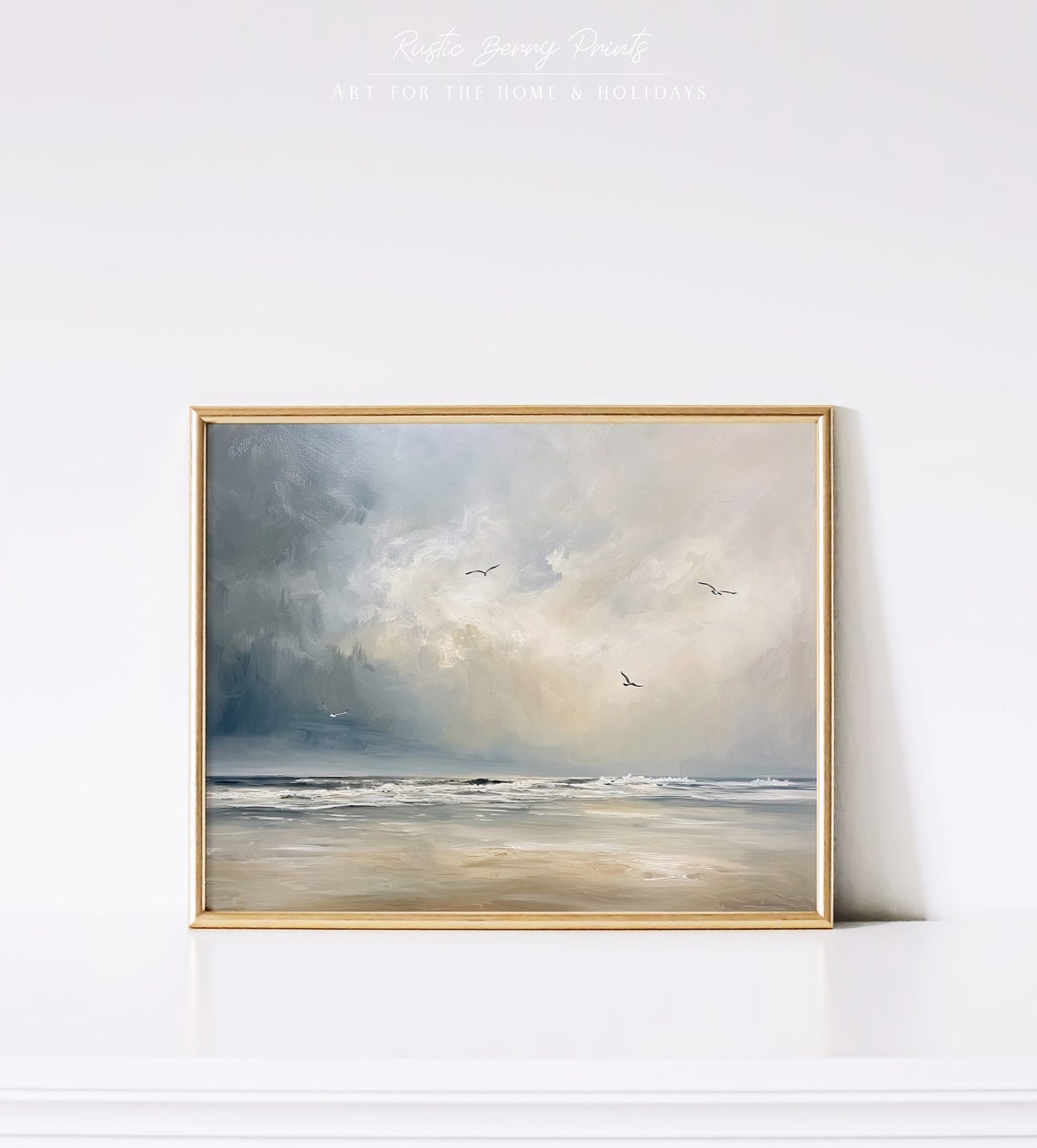 Moody Beach Storm Clouds Birds Gray Beige Dramatic Coastal Art Poster