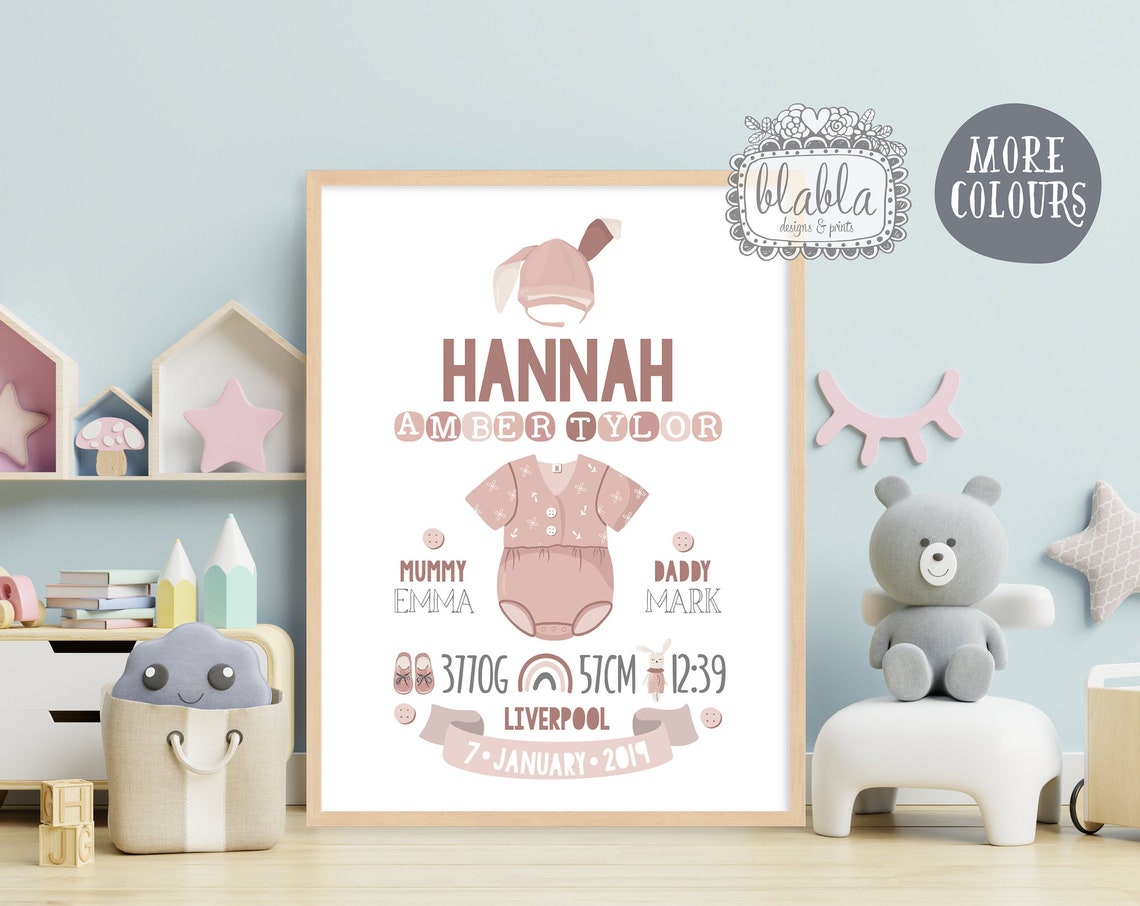 Hannah Amber Tylor Baby Birth Stats Bunny Nursery Keepsake Print