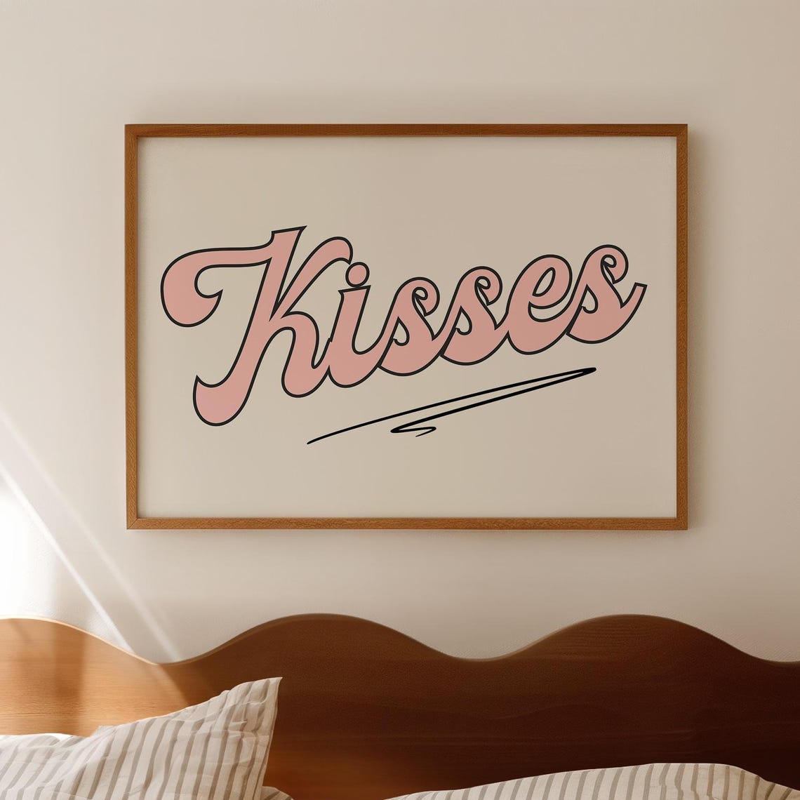 Kisses Retro Script Typography Poster Pink Bedroom Decor Cute Gift