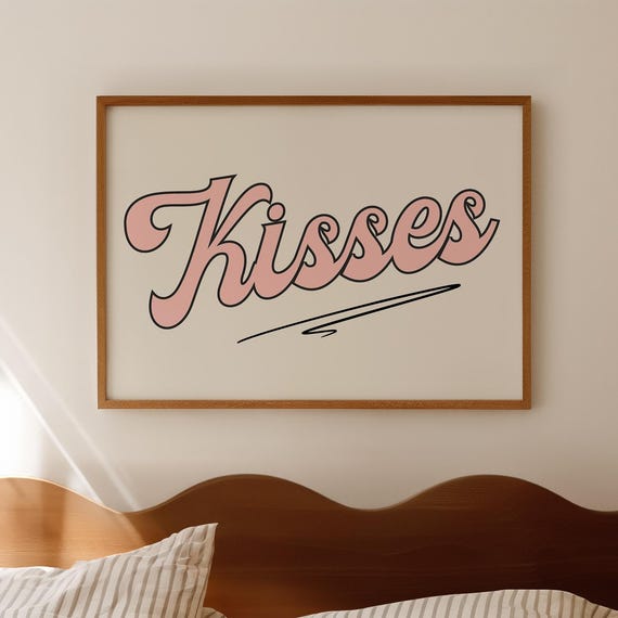 Kisses Typography Poster Teen Room Art Bedroom Cute Dorm Decor Horizontal Print Pink