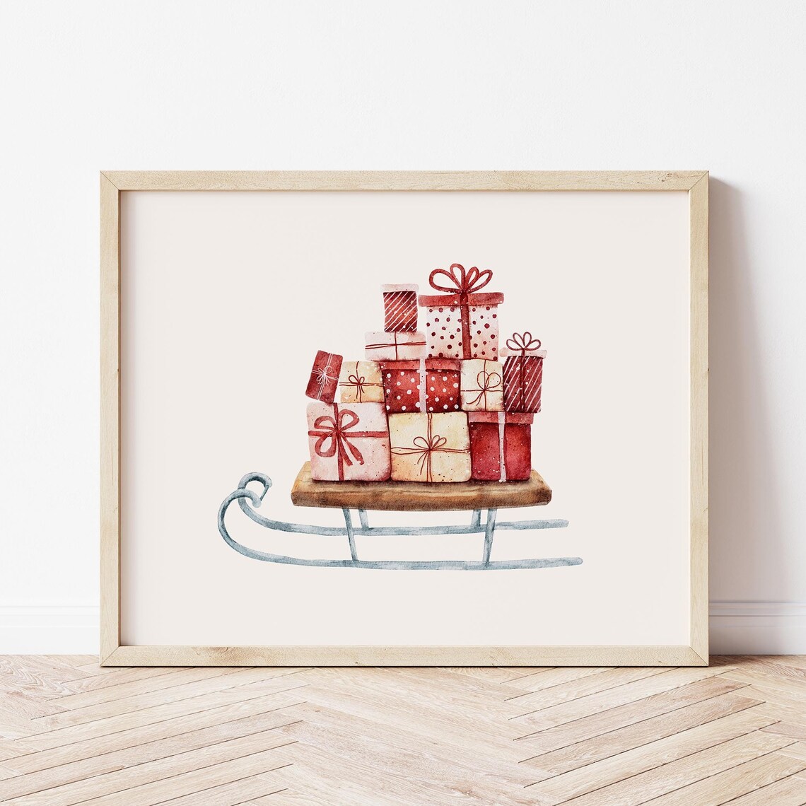 Christmas Sled With Wrapped Gifts Watercolor Holiday Art Poster
