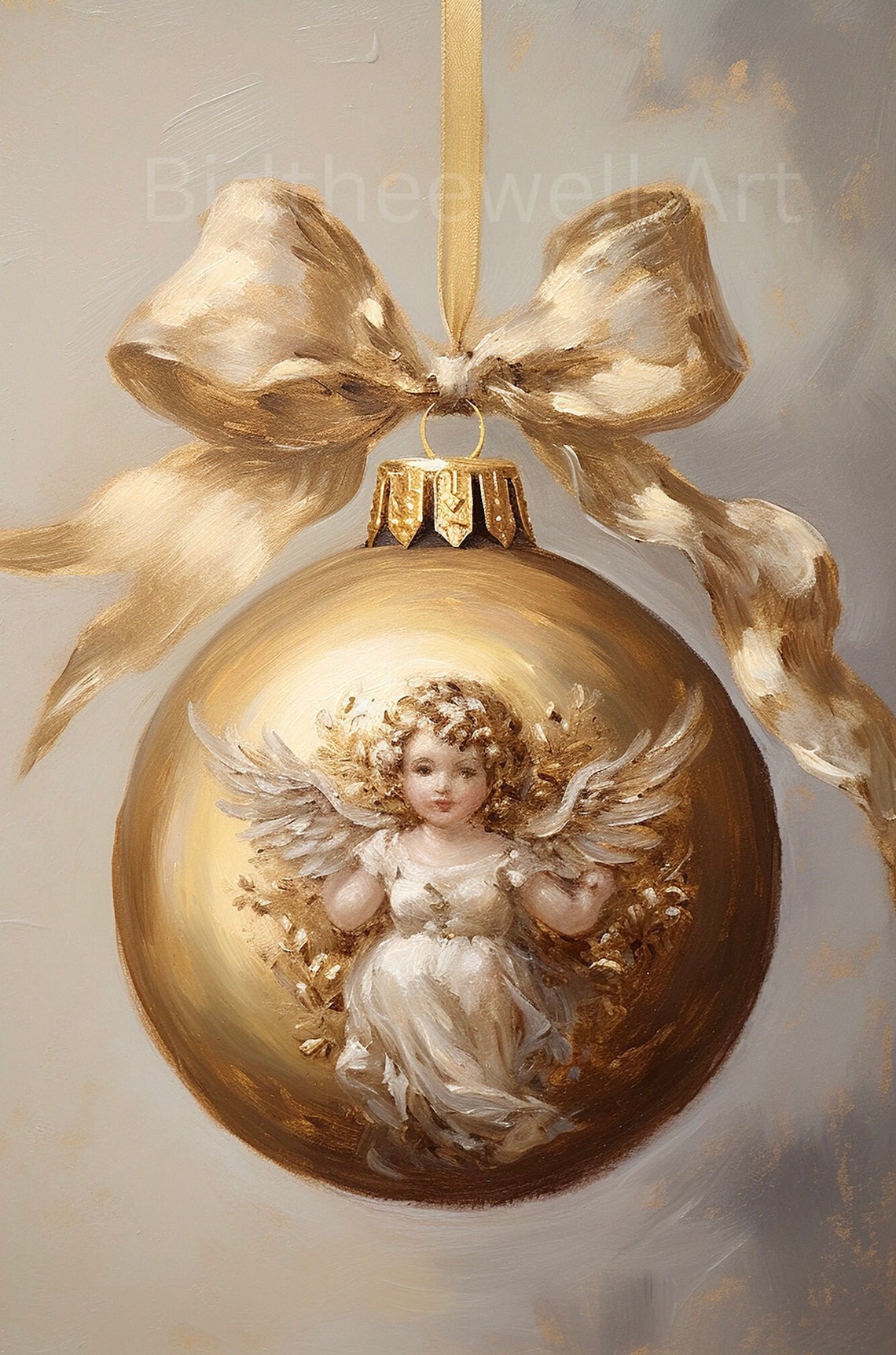Golden Angel Christmas Bauble Silk Ribbon Bow Ornament Poster - Image 2