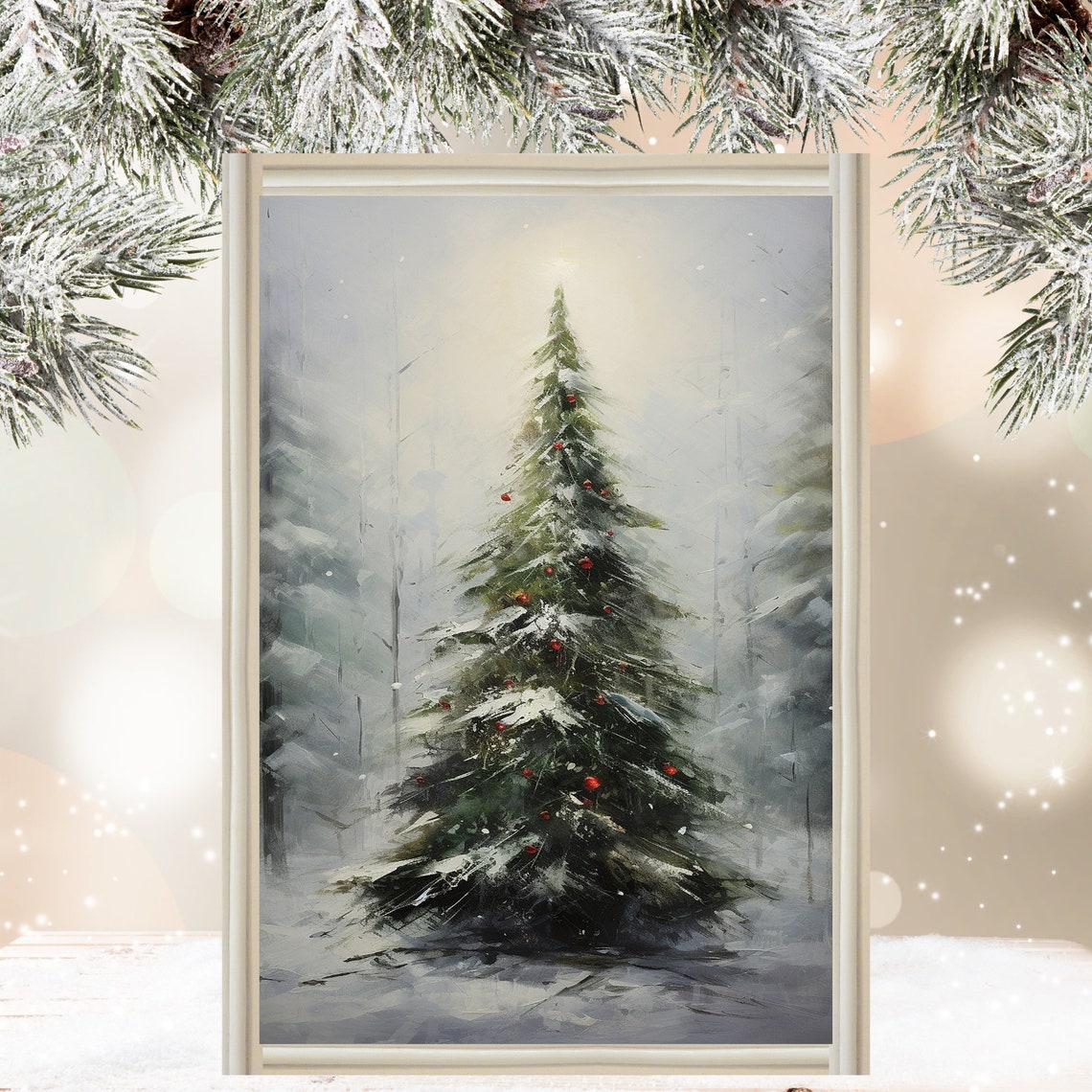 Snow Covered Christmas Tree Red Berries Winter Forest Poster