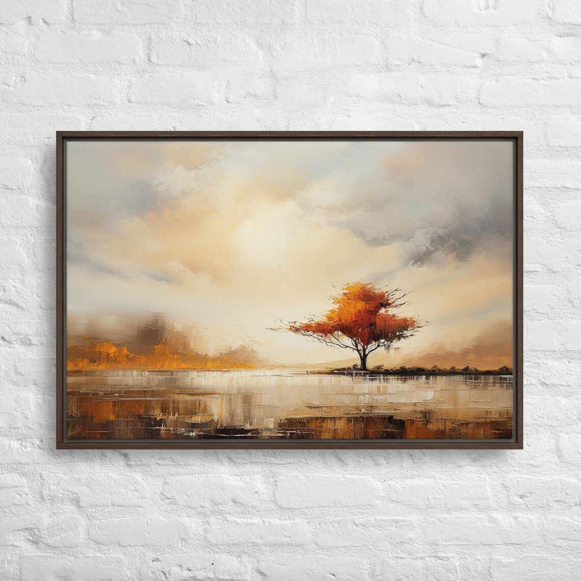 Lone Golden Autumn Tree Beside Still Lake Landscape Painting Poster