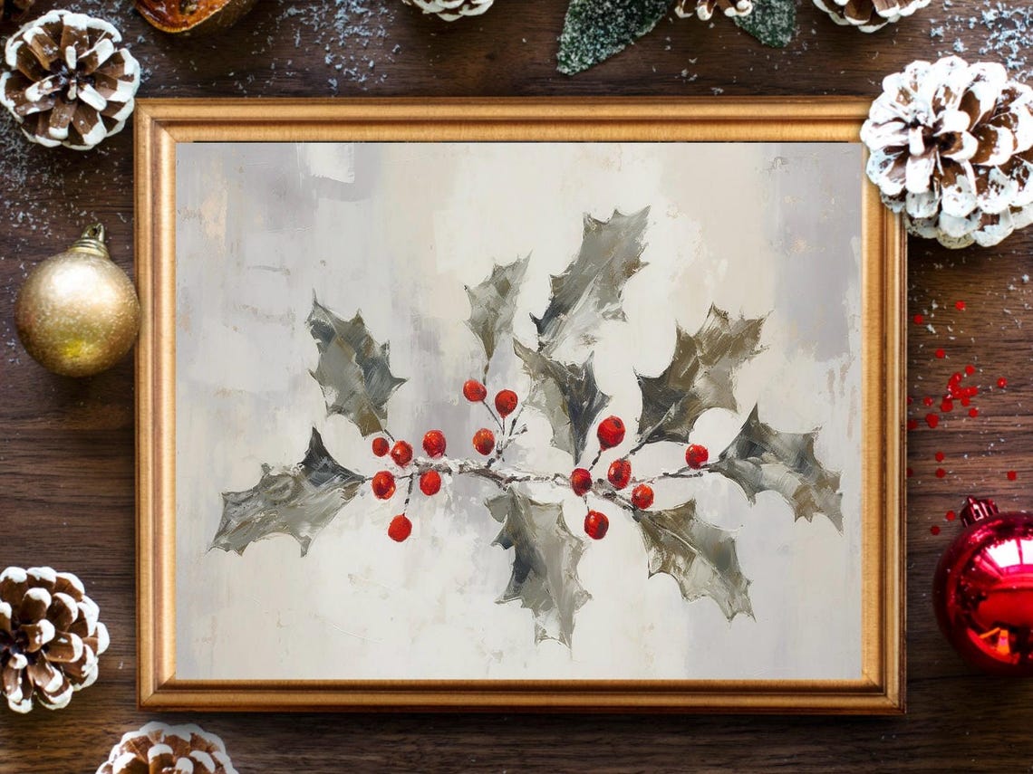 Winter Holly Branch Red Berries Neutral Canvas Still Life Poster