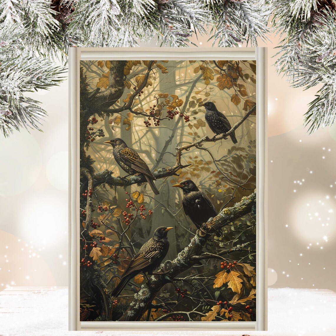 Four Blackbirds on Berry Branches Autumn Woodland Bird Poster