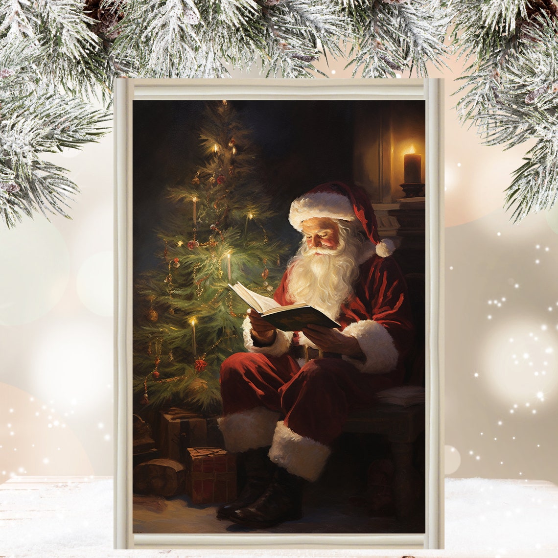 Santa Claus Reading By The Christmas Tree Warm Firelight Poster
