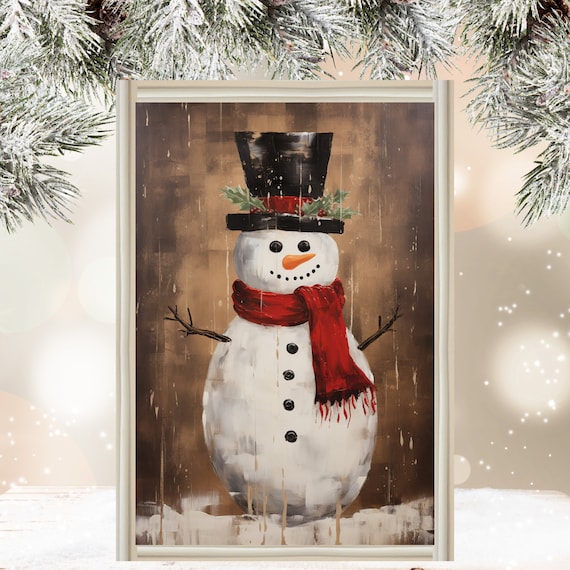 Cheerful Snowman Top Hat Red Scarf Rustic Winter Night Poster
