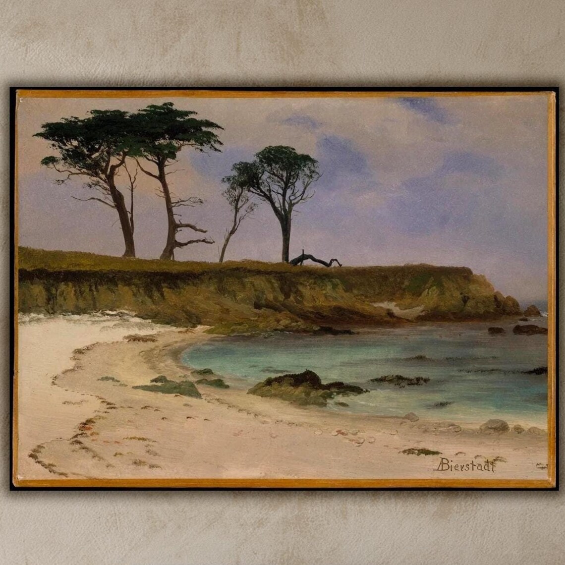 Albert Bierstadt Sea Cove Coastal Cliffs Cypress Trees Pastel Oil Art Poster