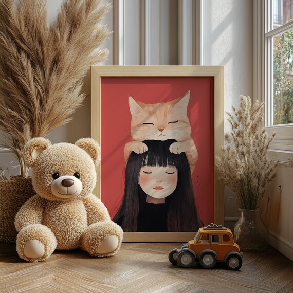 Ginger Cat Resting On Sleeping Girl Watercolor Nursery Wall Art