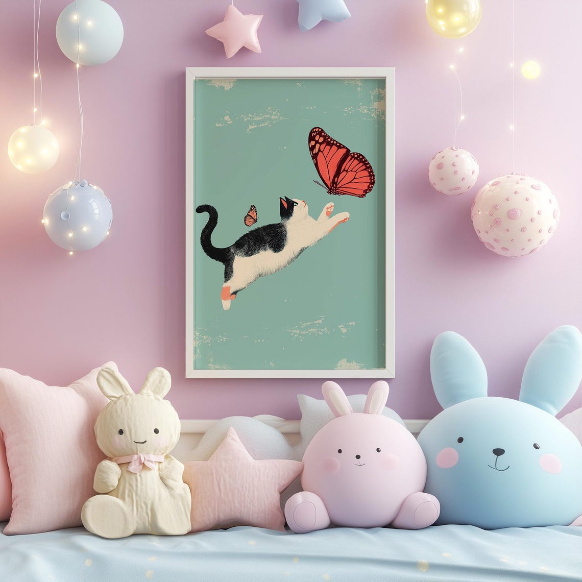 Playful Cat Leaping For A Monarch Butterfly Teal Nursery Wall Art