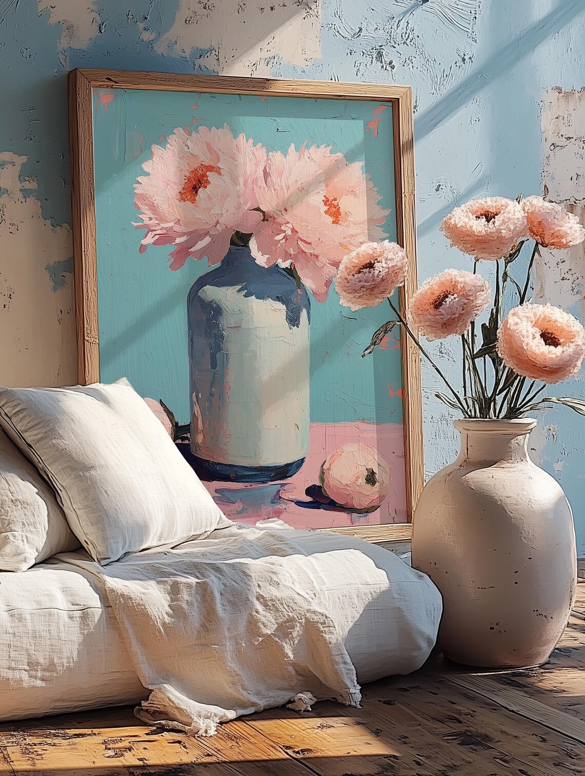 Pink Peonies In White Vase Turquoise Impasto Floral Painting Print - Image 2