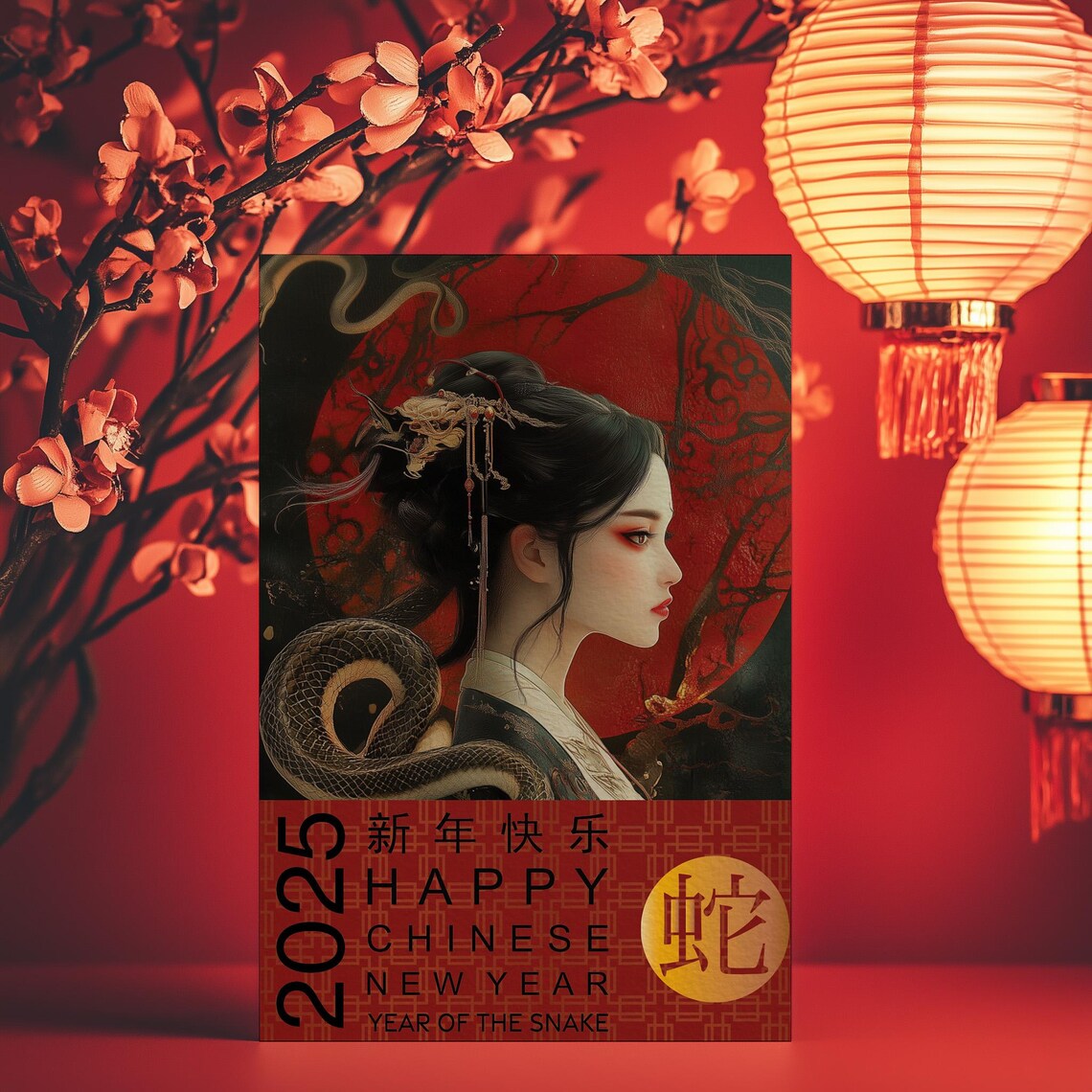Year Of The Snake 2025 Happy Chinese New Year Red Greeting Card Poster - Image 4