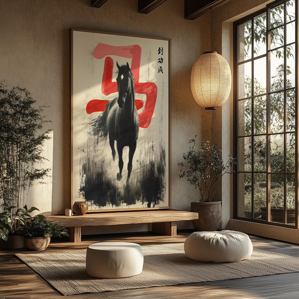 Wabi Sabi Ink Wash Galloping Black Horse With Red Calligraphy Wall Art