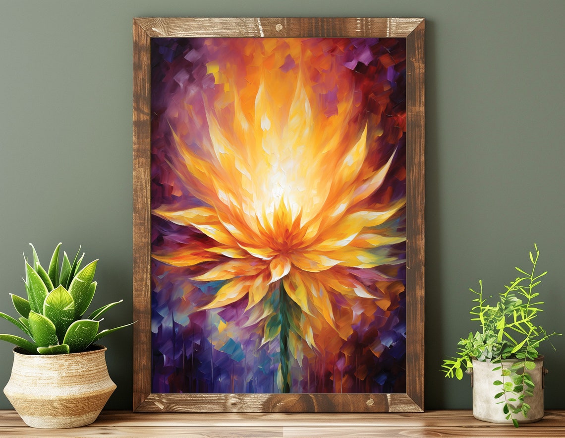 Fiery Orange Flower Bloom on Deep Purple Abstract Floral Poster