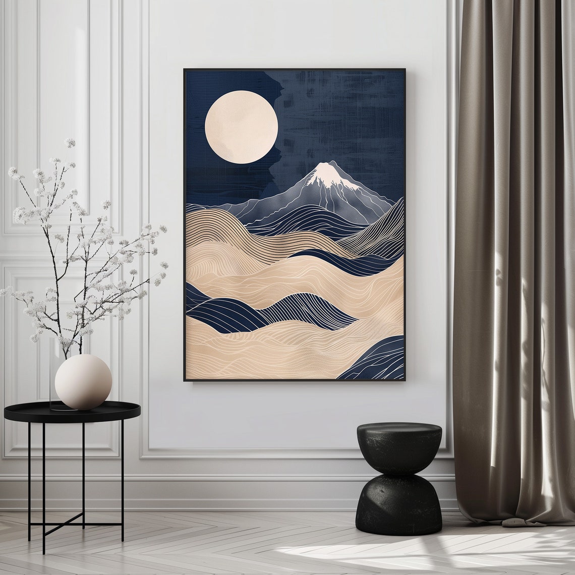 Midnight Blue Fuji Mountain Moon Japanese Minimal Ocean Poster - Image 3