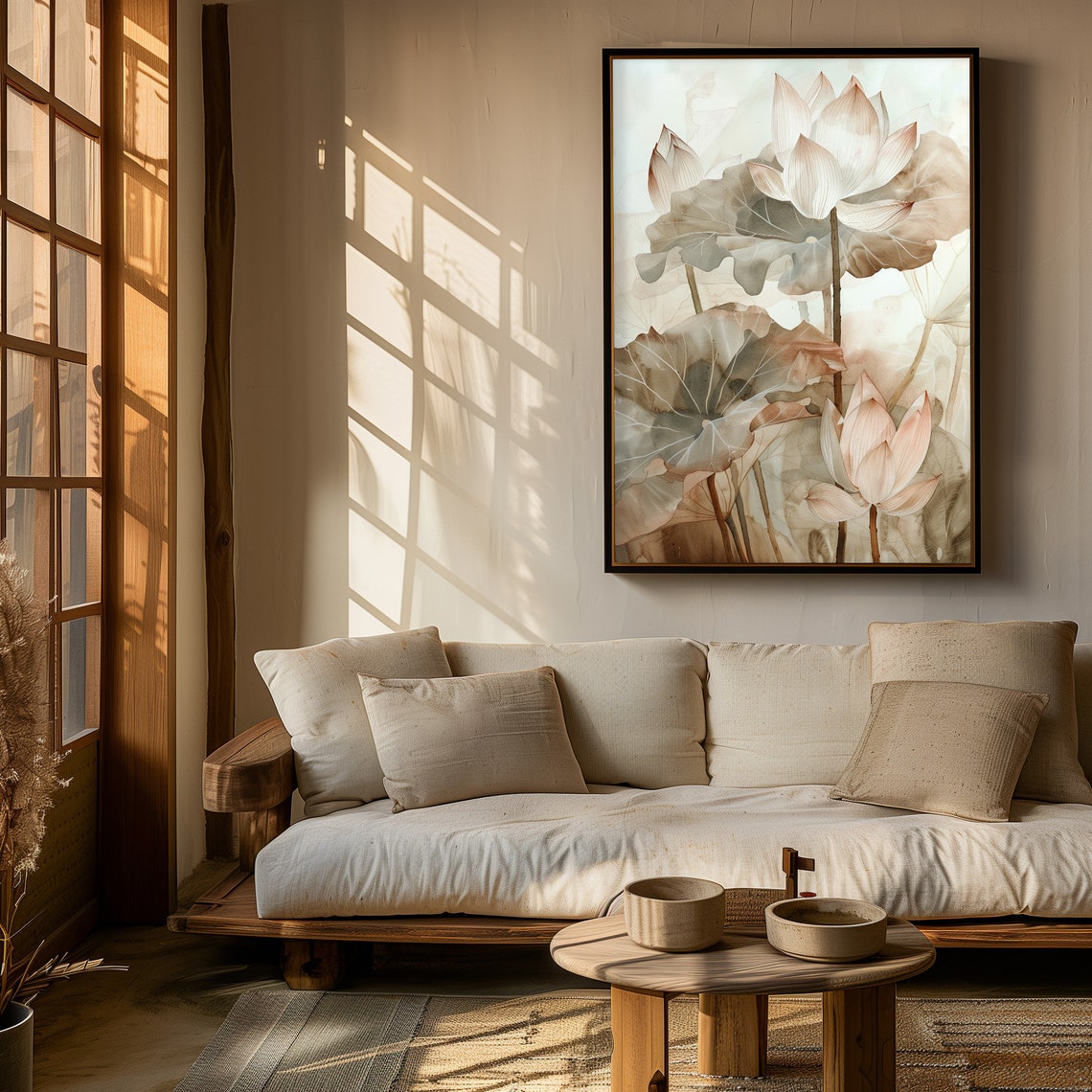 White Lotus Watercolor Flowers Soft Beige Botanical Art Poster - Image 2