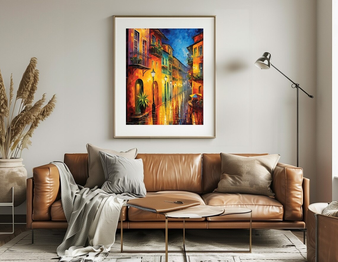 Old Town Night Rain Wet Cobblestone Street Warm Light Art Poster - Image 2