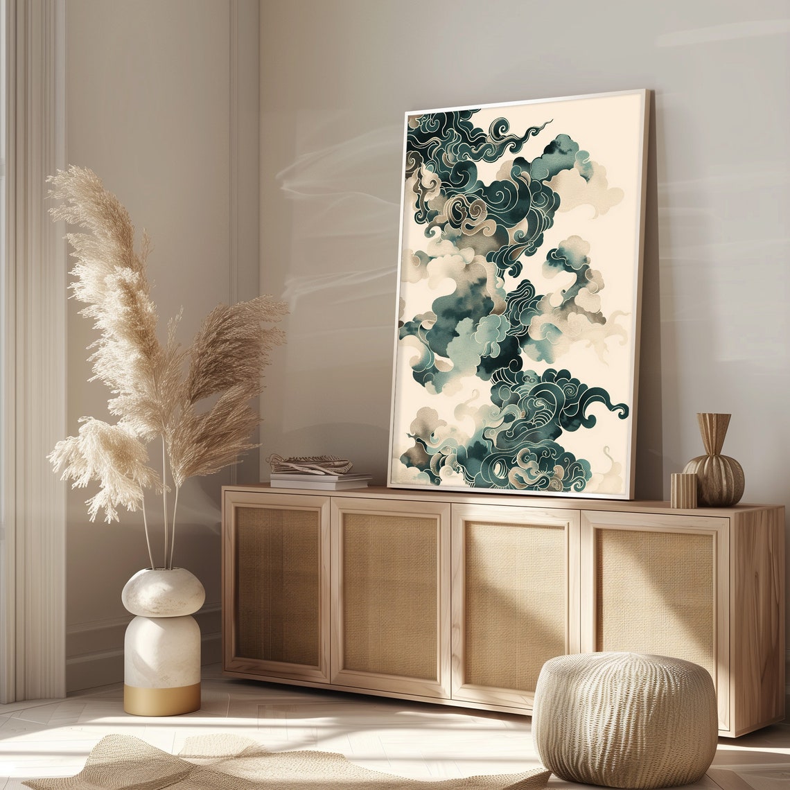 Japanese Wave Cloud Teal Ink Illustration Minimalist Art Poster - Image 5