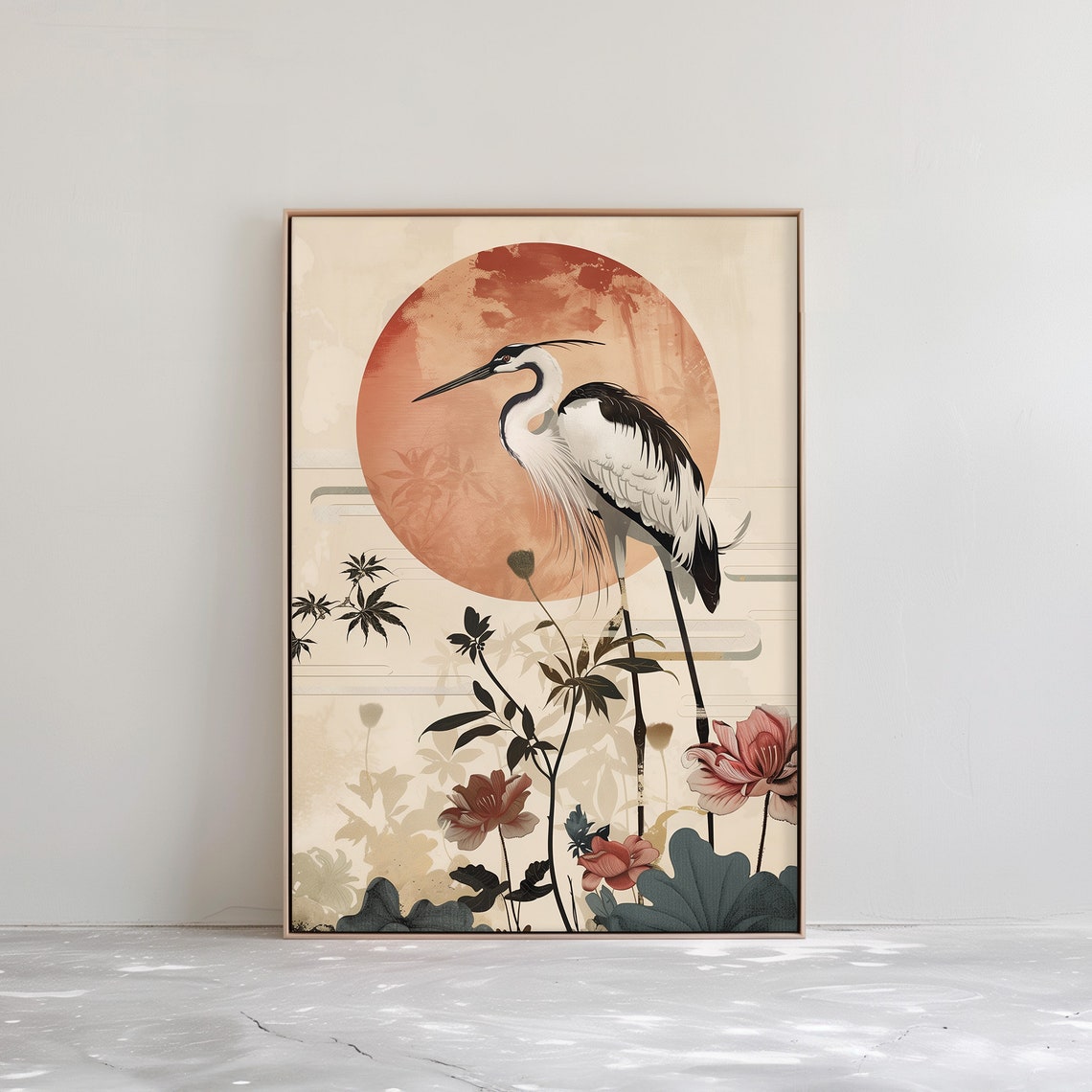 White Heron Lotus Flowers Large Red Sun Japanese Style Poster