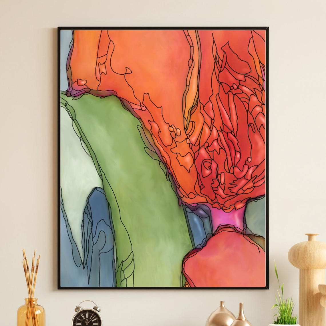 Abstract Floral Painting Bold Orange Red Modern Boho Decor Poster