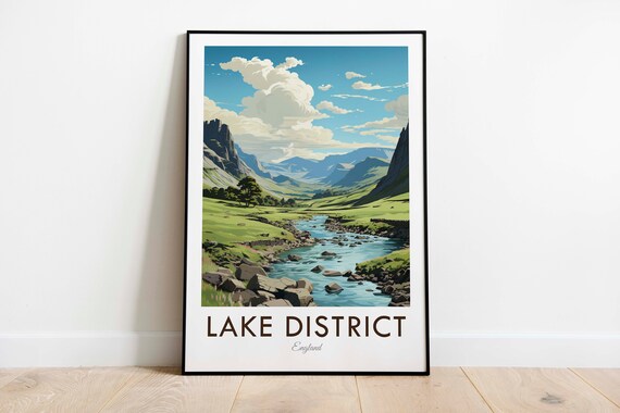 Lake District England River Valley Fells Vintage Travel Poster