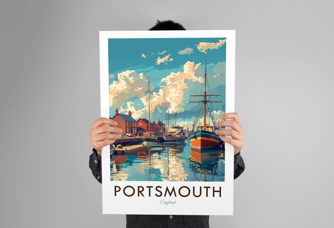 Portsmouth England Historic Harbour Tall Ship Vintage Travel Poster - Image 3