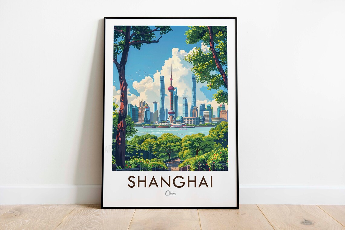 Shanghai China Pudong Skyline Oriental Pearl Tower Travel Poster