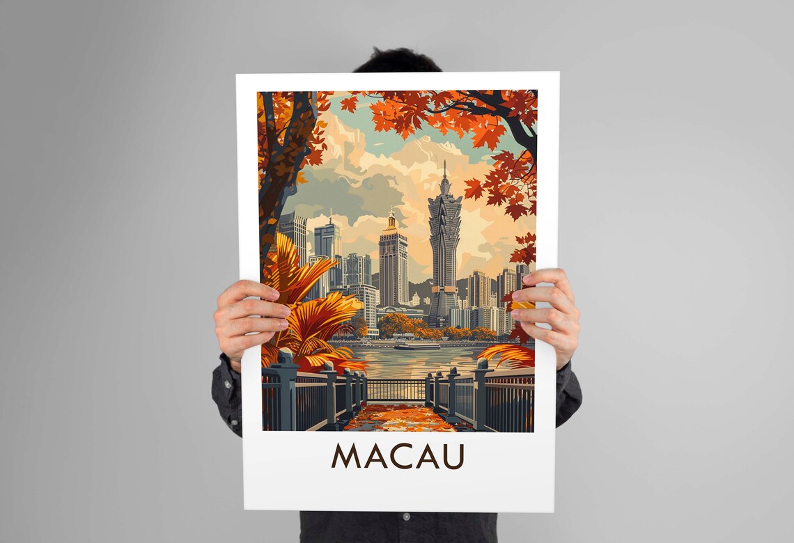 Macau China Waterfront Skyline Promenade Autumn Leaves Travel Poster - Image 2