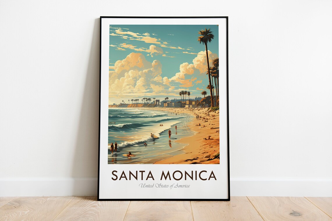 Santa Monica California Beach Palms And Surfers Vintage Style Travel Poster - Image 3