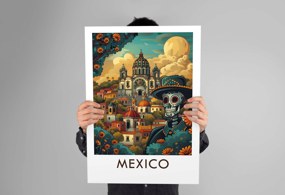 Mexico Day of the Dead Painted Skull Cathedral Marigolds Art Poster - Image 3