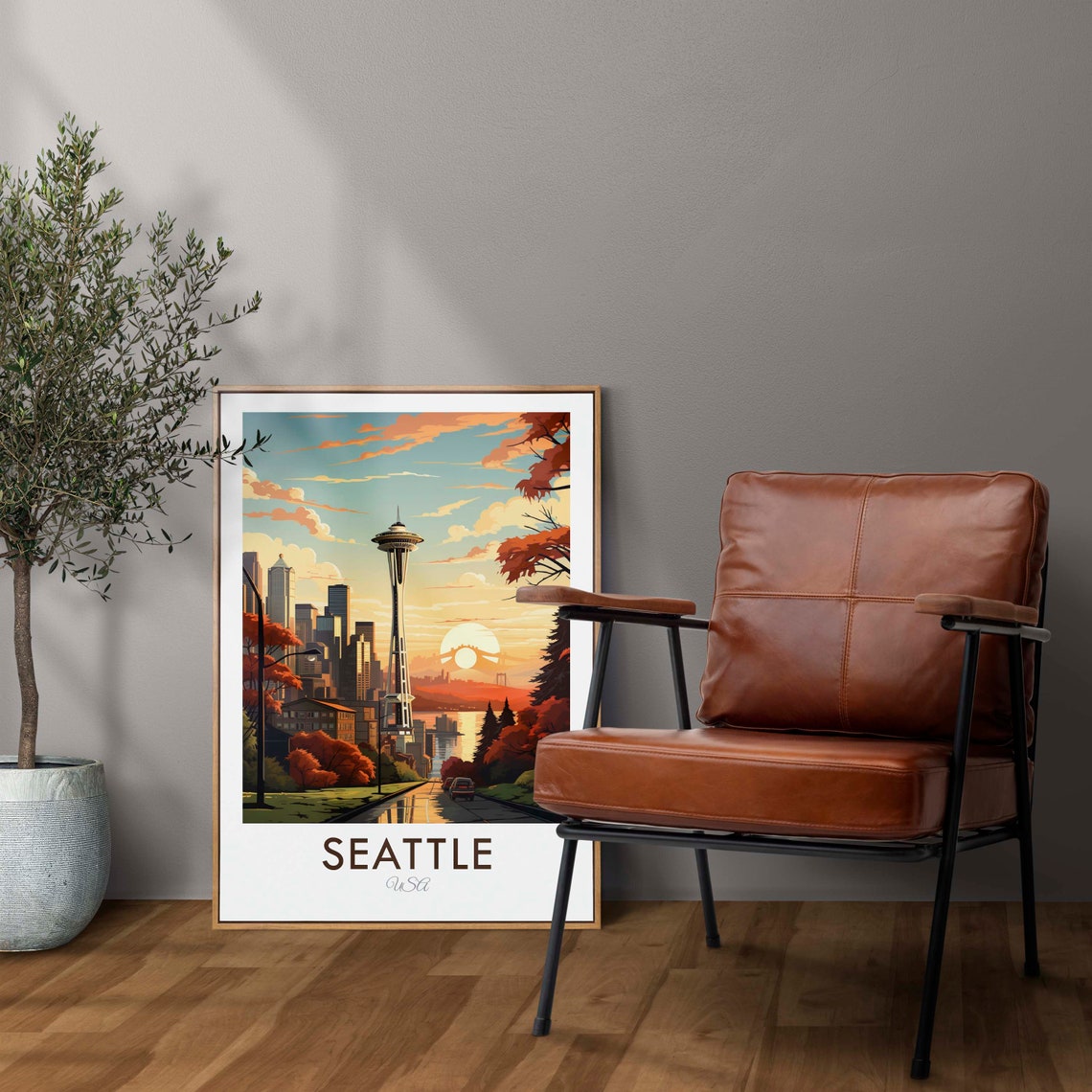Seattle USA Space Needle Sunset Skyline Autumn Street Travel Poster - Image 2