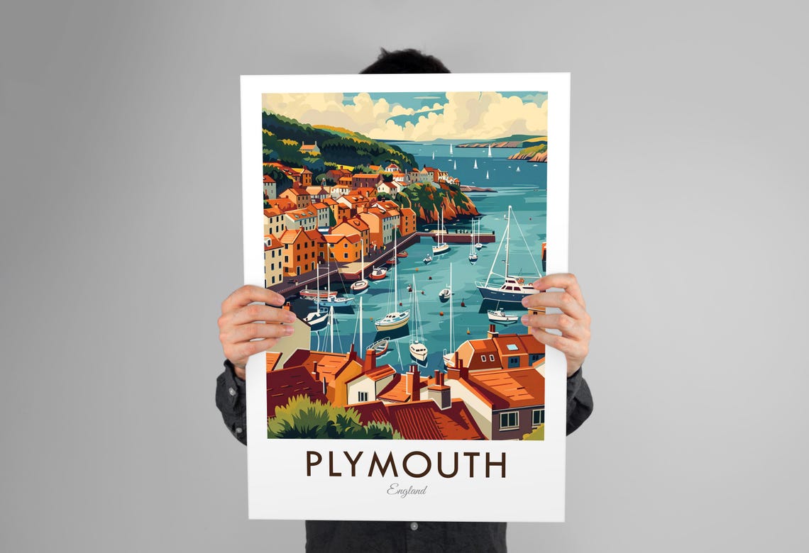 Plymouth England Harbor Sailboats Waterfront Vintage Travel Poster - Image 3