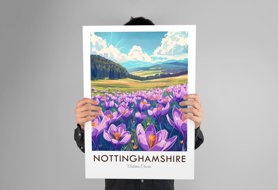 Nottinghamshire Autumn Crocus Purple Wildflower Meadow Travel Poster - Image 3