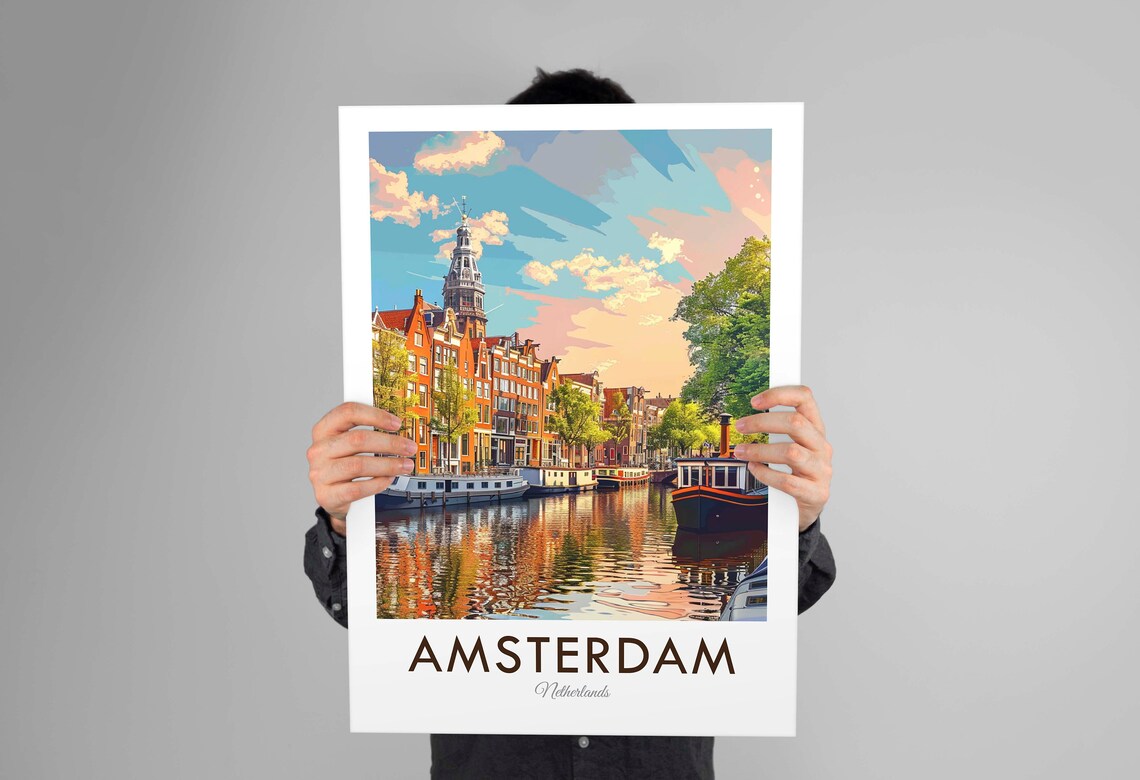 Amsterdam Netherlands Canal Houseboats Sunset City Travel Poster - Image 2