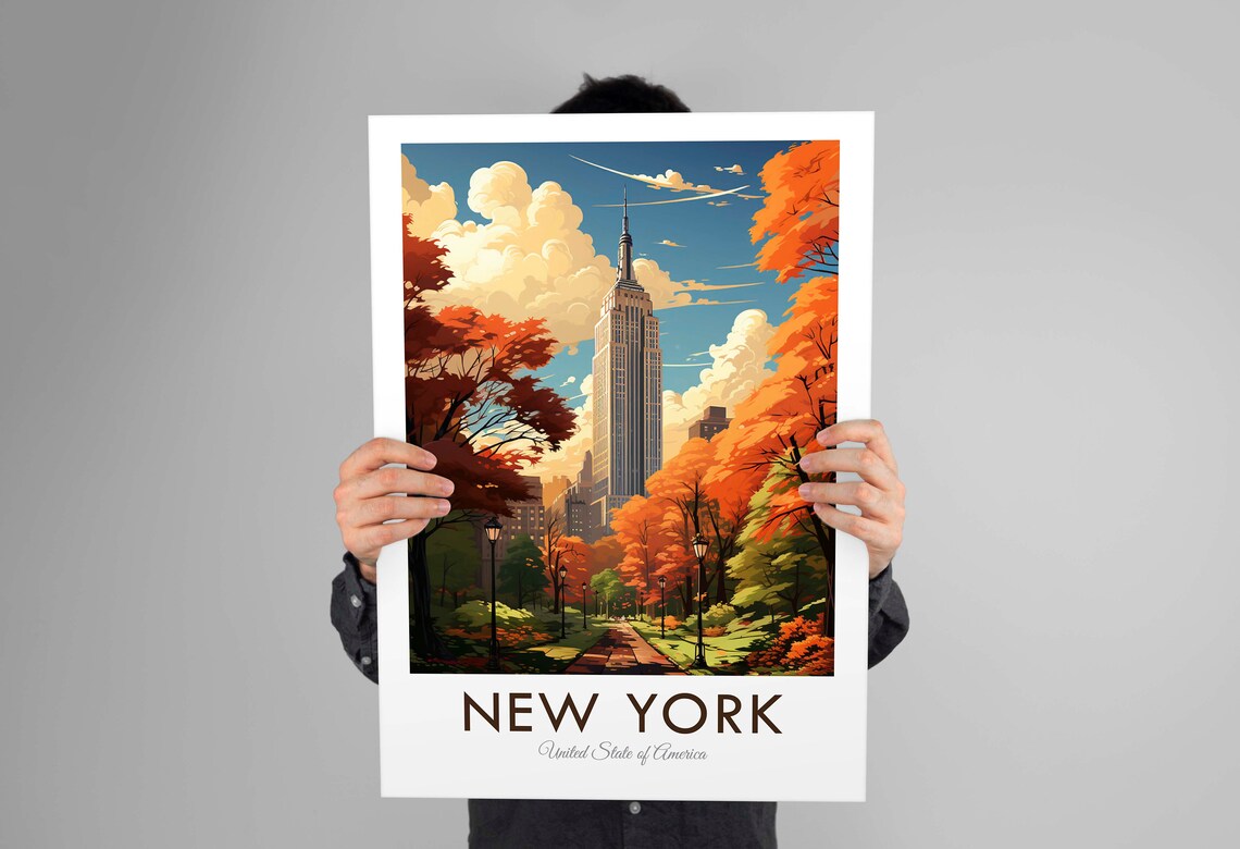 New York Empire State Building Autumn Trees Vintage Travel Poster - Image 3
