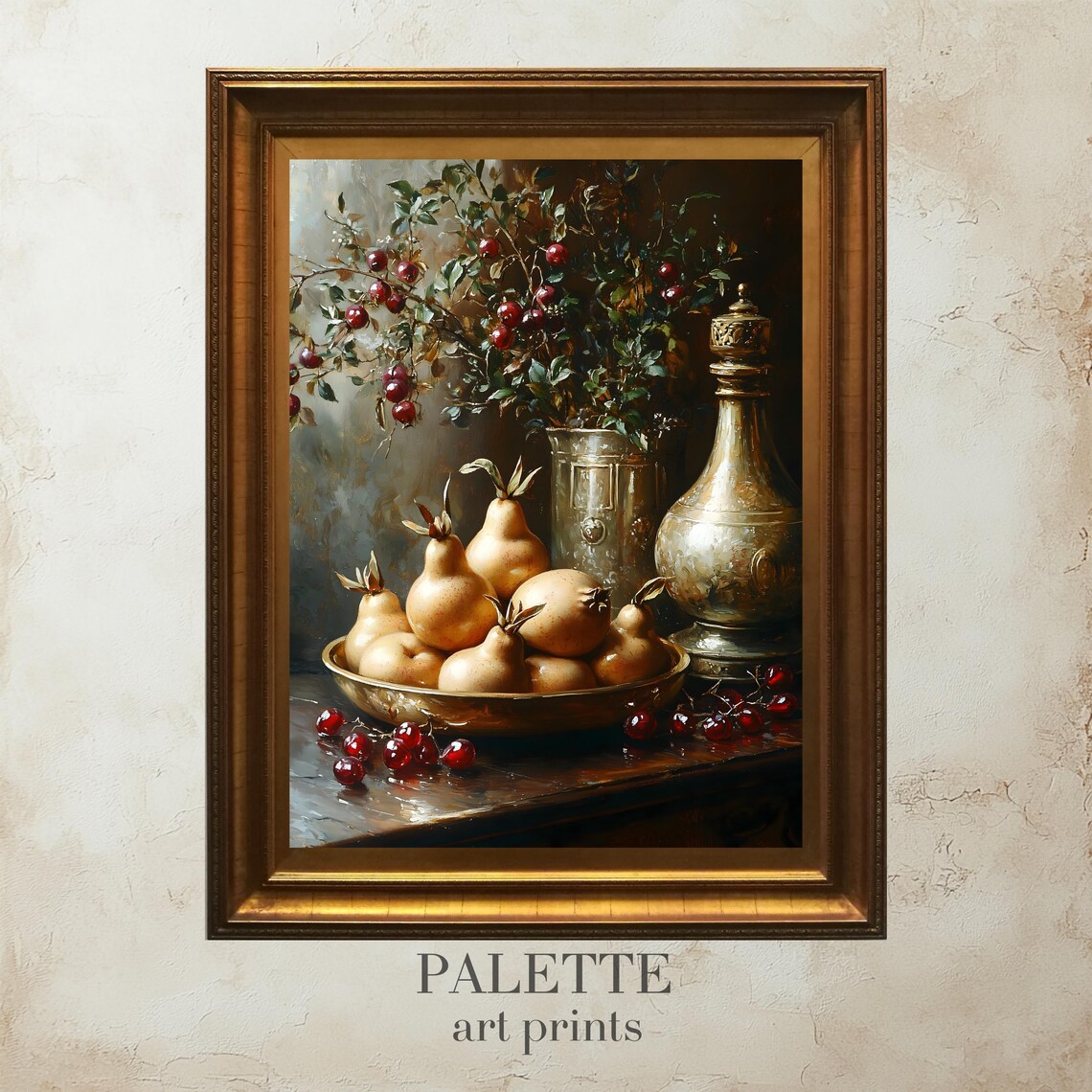 Vintage Pear Still Life Brass Ewer Berry Branch Kitchen Art Print