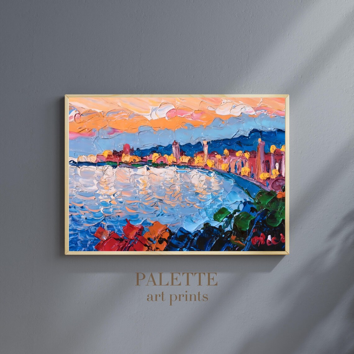 French Riviera Coastal Nightscape Impasto Oil Painting Poster - Image 3