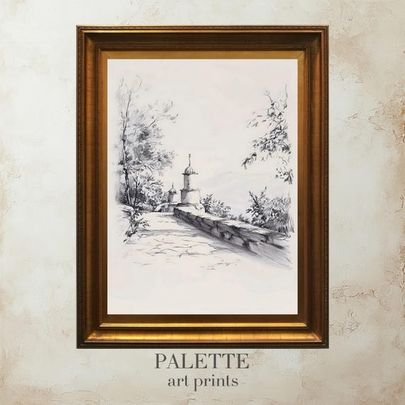 Architectural Sketch Of A Stone Path With Dome Structures Serene Black And White Artwork Rustic Wall Art For Minimalist Homes Skt032