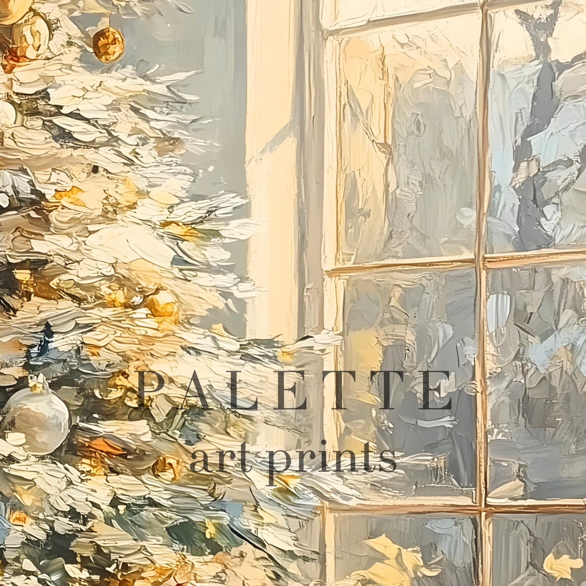 Sunlit Christmas Tree Gold Ornaments Window Armchair Scene Wall Art - Image 2