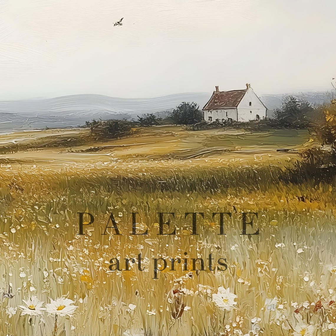 Daisy Meadow Cottage Distant Hills Birds Country Landscape Poster - Image 2