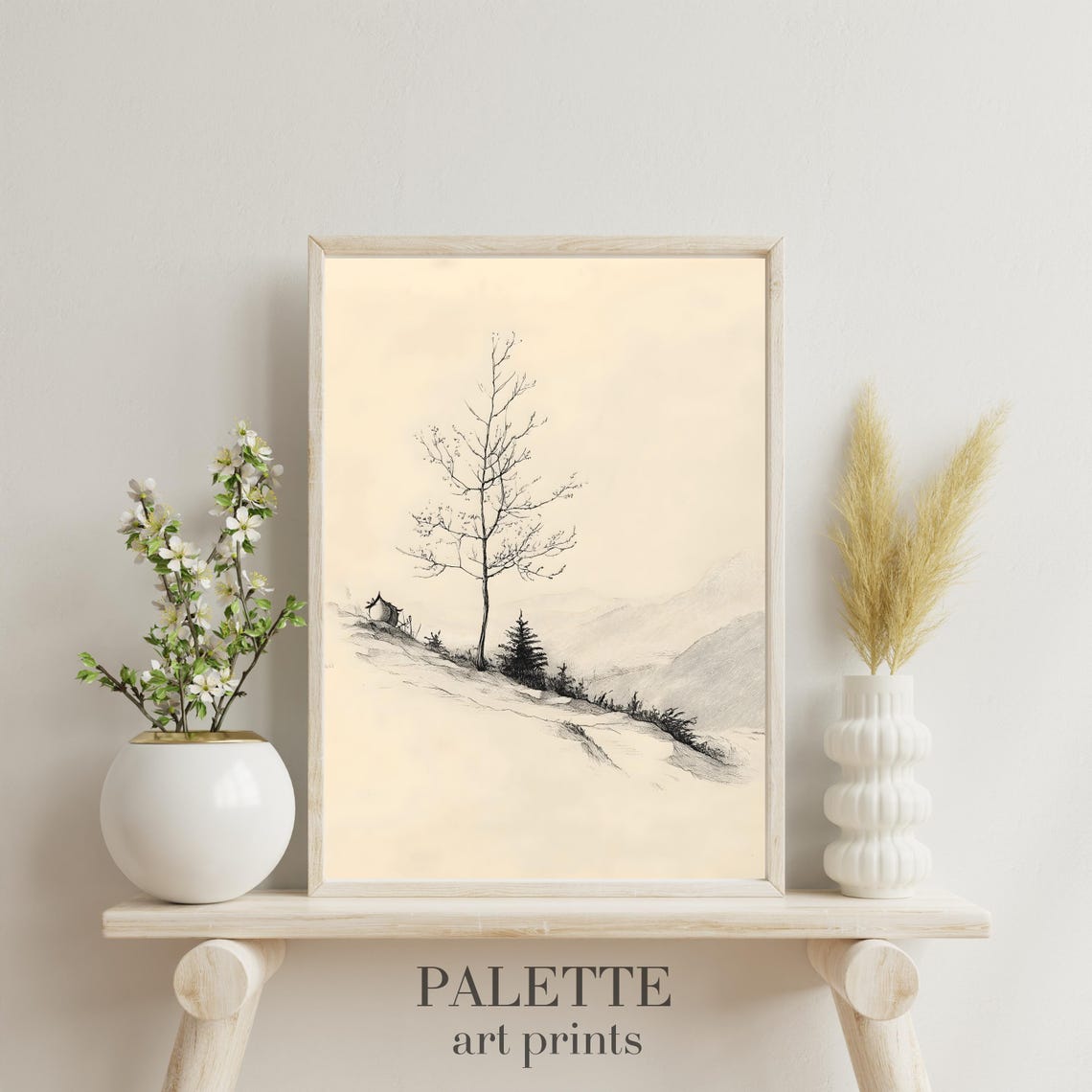 Minimalist Tree Sketch On A Sloped Landscape Serene Black And White Nature Inspired Artwork For Modern Wall Decor Skt016 - Image 3