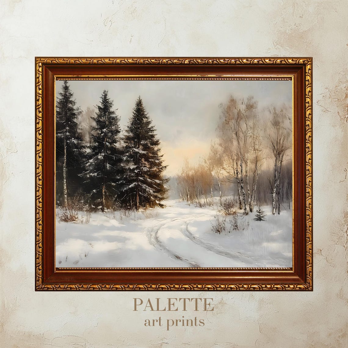 Snowy Forest Road Between Pines And Birches At Sunrise Poster - Image 3