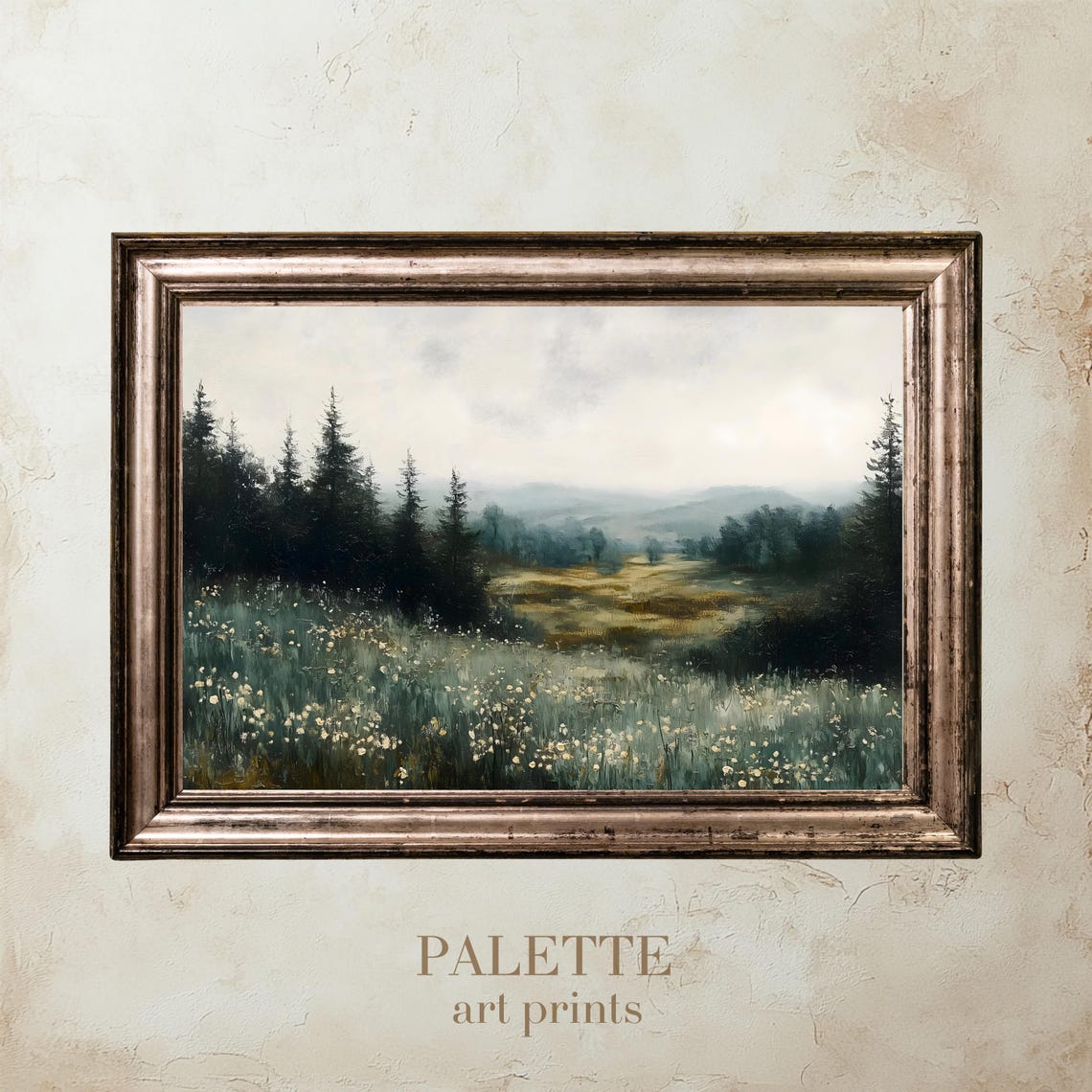 Misty Meadow Wildflowers Dark Pines Tranquil Forest Landscape Poster