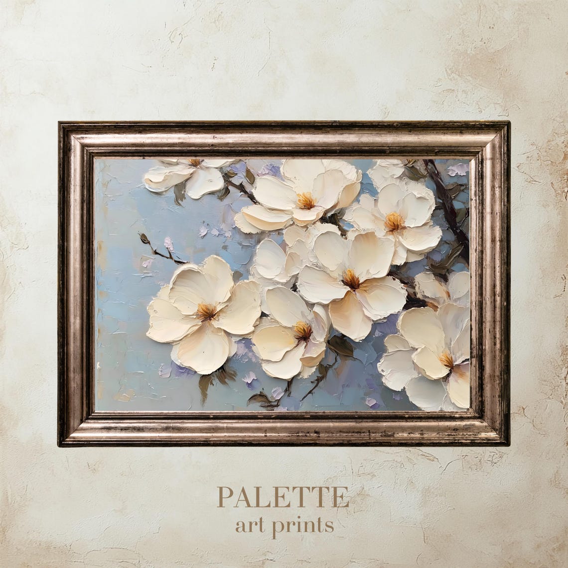 White Blossom Branch Pale Blue Impasto Spring Floral Painting Poster